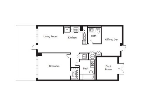 Floor plan for 1 bed, 1 bath, 806 sqft